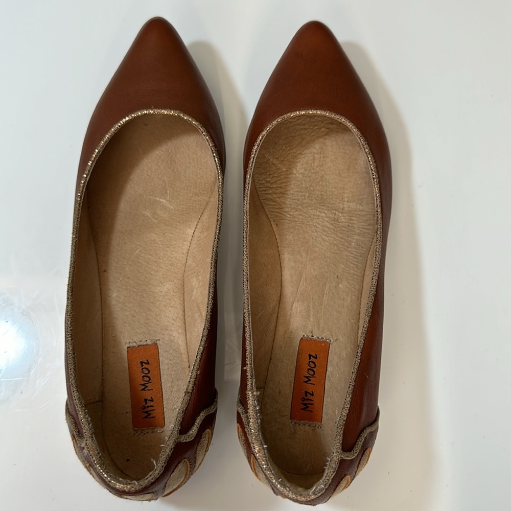 Miz Mooz Chestnut Leather Pointed-Toe Flats with Gold Heel Detail - Picture 8 of 16